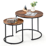 NNECW Set of 2 Round Nesting Coffee Table with Wooden Tabletop & Powder-coated Steel Frame for Living Room
