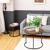 NNECW Set of 2 Round Nesting Coffee Table with Wooden Tabletop & Powder-coated Steel Frame for Living Room