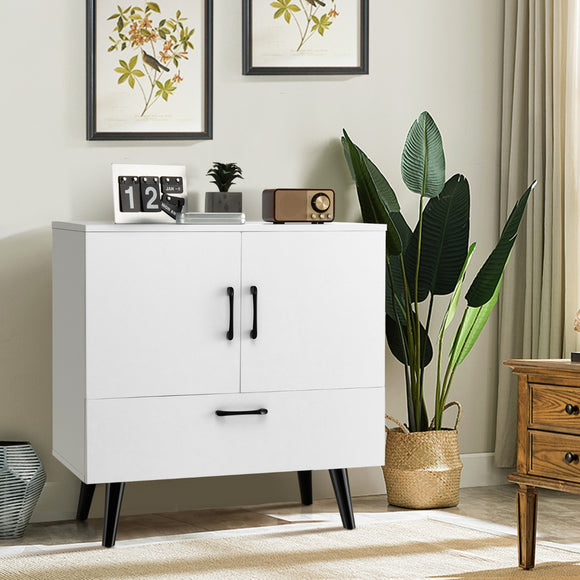 NNECW Mid-century Modern Storage Cabinet with 2 Doors & 1 Pull-out Drawer-White
