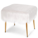 NNECW Square Furry Ottoman Seat with Golden Metal Legs-White