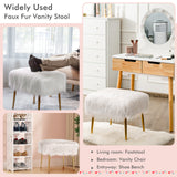 NNECW Square Furry Ottoman Seat with Golden Metal Legs-White