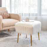 NNECW Square Furry Ottoman Seat with Golden Metal Legs-White