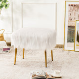 NNECW Square Furry Ottoman Seat with Golden Metal Legs-White