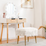 NNECW Square Furry Ottoman Seat with Golden Metal Legs-White