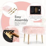 NNECW Square Furry Ottoman Seat with Golden Metal Legs-Pink