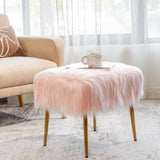 NNECW Square Furry Ottoman Seat with Golden Metal Legs-Pink