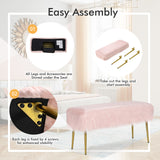 NNECW Rectangular Upholstered Furry Faux Fur Footrest with Golden Metal Legs-Pink