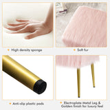 NNECW Rectangular Upholstered Furry Faux Fur Footrest with Golden Metal Legs-Pink