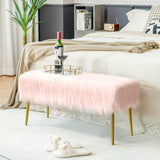 NNECW Rectangular Upholstered Furry Faux Fur Footrest with Golden Metal Legs-Pink