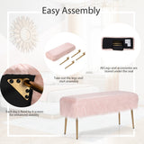 NNECW Rectangular Upholstered Furry Faux Fur Footrest with Golden Metal Legs-Pink