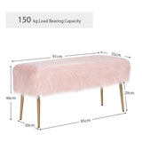 NNECW Rectangular Upholstered Furry Faux Fur Footrest with Golden Metal Legs-Pink
