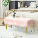 NNECW Rectangular Upholstered Furry Faux Fur Footrest with Golden Metal Legs-Pink