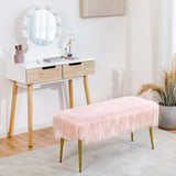 NNECW Rectangular Upholstered Furry Faux Fur Footrest with Golden Metal Legs-Pink