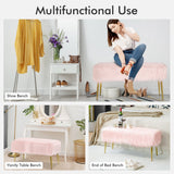 NNECW Rectangular Upholstered Furry Faux Fur Footrest with Golden Metal Legs-Pink