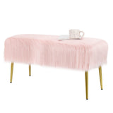 NNECW Rectangular Upholstered Furry Faux Fur Footrest with Golden Metal Legs-Pink