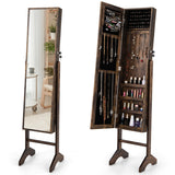 NNECW Standing Jewelry Cabinet with Full Length Mirror &amp Hooks &amp Shelves-Brown