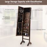 NNECW Standing Jewelry Cabinet with Full Length Mirror &amp Hooks &amp Shelves-Brown