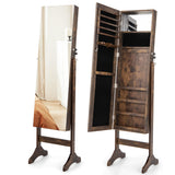 NNECW Standing Jewelry Cabinet with Makeup Mirror &amp Lockable Door-Brown