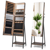 NNECW Lockable Floor Jewelry Cabinet with Full-Length Mirror &amp LED Lights-Brown