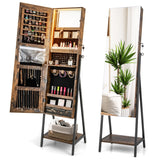 NNECW Lockable Floor Jewelry Cabinet with Full-Length Mirror &amp LED Lights-Brown