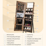 NNECW Lockable Floor Jewelry Cabinet with Full-Length Mirror &amp LED Lights-Brown