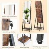 NNECW Lockable Floor Jewelry Cabinet with Full-Length Mirror &amp LED Lights-Brown