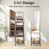 NNECW Lockable Floor Jewelry Cabinet with Full-Length Mirror &amp LED Lights-Brown