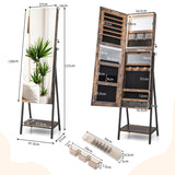 NNECW Lockable Floor Jewelry Cabinet with Full-Length Mirror &amp LED Lights-Brown