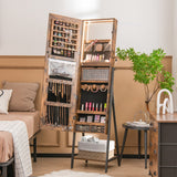 NNECW Lockable Floor Jewelry Cabinet with Full-Length Mirror &amp LED Lights-Brown