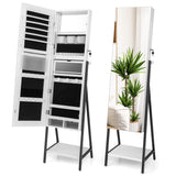 NNECW Lockable Floor Jewelry Cabinet with Full-Length Mirror &amp LED Lights-White