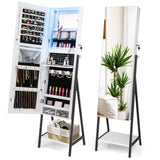 NNECW Lockable Floor Jewelry Cabinet with Full-Length Mirror &amp LED Lights-White