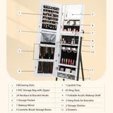 NNECW Lockable Floor Jewelry Cabinet with Full-Length Mirror &amp LED Lights-White
