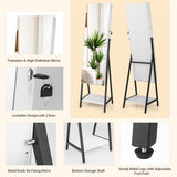 NNECW Lockable Floor Jewelry Cabinet with Full-Length Mirror &amp LED Lights-White