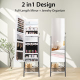 NNECW Lockable Floor Jewelry Cabinet with Full-Length Mirror &amp LED Lights-White