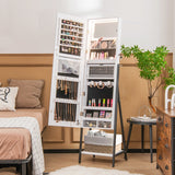 NNECW Lockable Floor Jewelry Cabinet with Full-Length Mirror &amp LED Lights-White