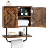 NNECW Bathroom Wall Cabinet with Double Doors &amp Open Shelf &amp Towel Rack-Brown