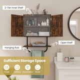 NNECW Bathroom Wall Cabinet with Double Doors &amp Open Shelf &amp Towel Rack-Brown