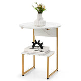 NNECW White Faux Marble End Table with Round Tabletop & Square Shelf for Living Room