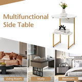 NNECW White Faux Marble End Table with Round Tabletop & Square Shelf for Living Room