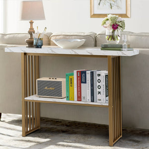 NNECW White Faux Marble Sofa Table with Faux Marble Tabletop for Living Room