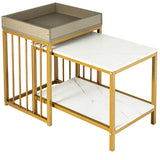 NNECW 2PCS Space-saving Sofa Side Table Set with Faux Marble & Linen-like Top for Living Room