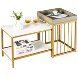 NNECW 2PCS Space-saving Sofa Side Table Set with Faux Marble & Linen-like Top for Living Room