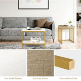 NNECW 2PCS Space-saving Sofa Side Table Set with Faux Marble & Linen-like Top for Living Room