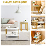 NNECW 2PCS Space-saving Sofa Side Table Set with Faux Marble & Linen-like Top for Living Room