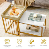 NNECW 2PCS Space-saving Sofa Side Table Set with Faux Marble & Linen-like Top for Living Room