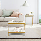 NNECW 2PCS Space-saving Sofa Side Table Set with Faux Marble & Linen-like Top for Living Room