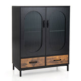 NNECW Industrial Floor Buffet Sideboard with Tempered Glass Doors & 2 Drawers