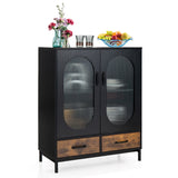 NNECW Industrial Floor Buffet Sideboard with Tempered Glass Doors & 2 Drawers