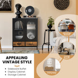 NNECW Industrial Floor Buffet Sideboard with Tempered Glass Doors & 2 Drawers