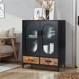 NNECW Industrial Floor Buffet Sideboard with Tempered Glass Doors & 2 Drawers